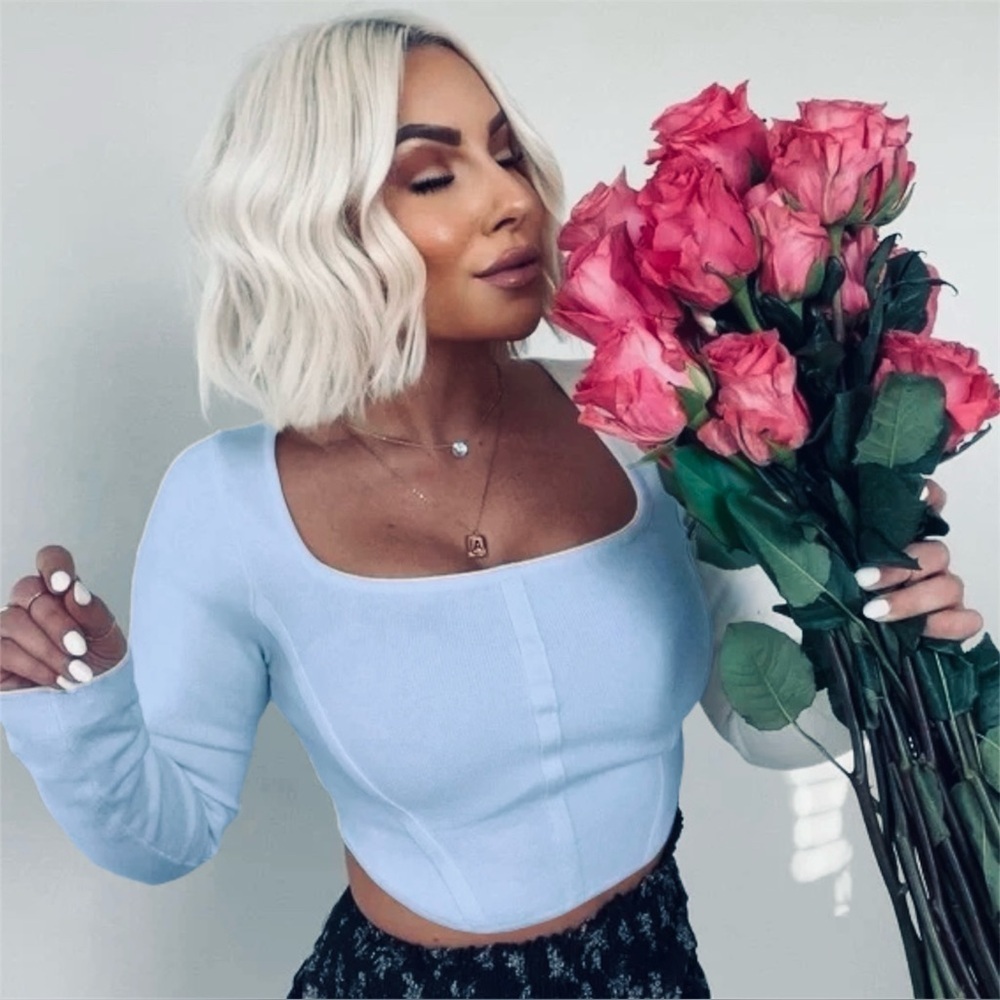 Altar’d State | Corset Style Square Neck Long Sleeve Crop Top in Steel Blue XS